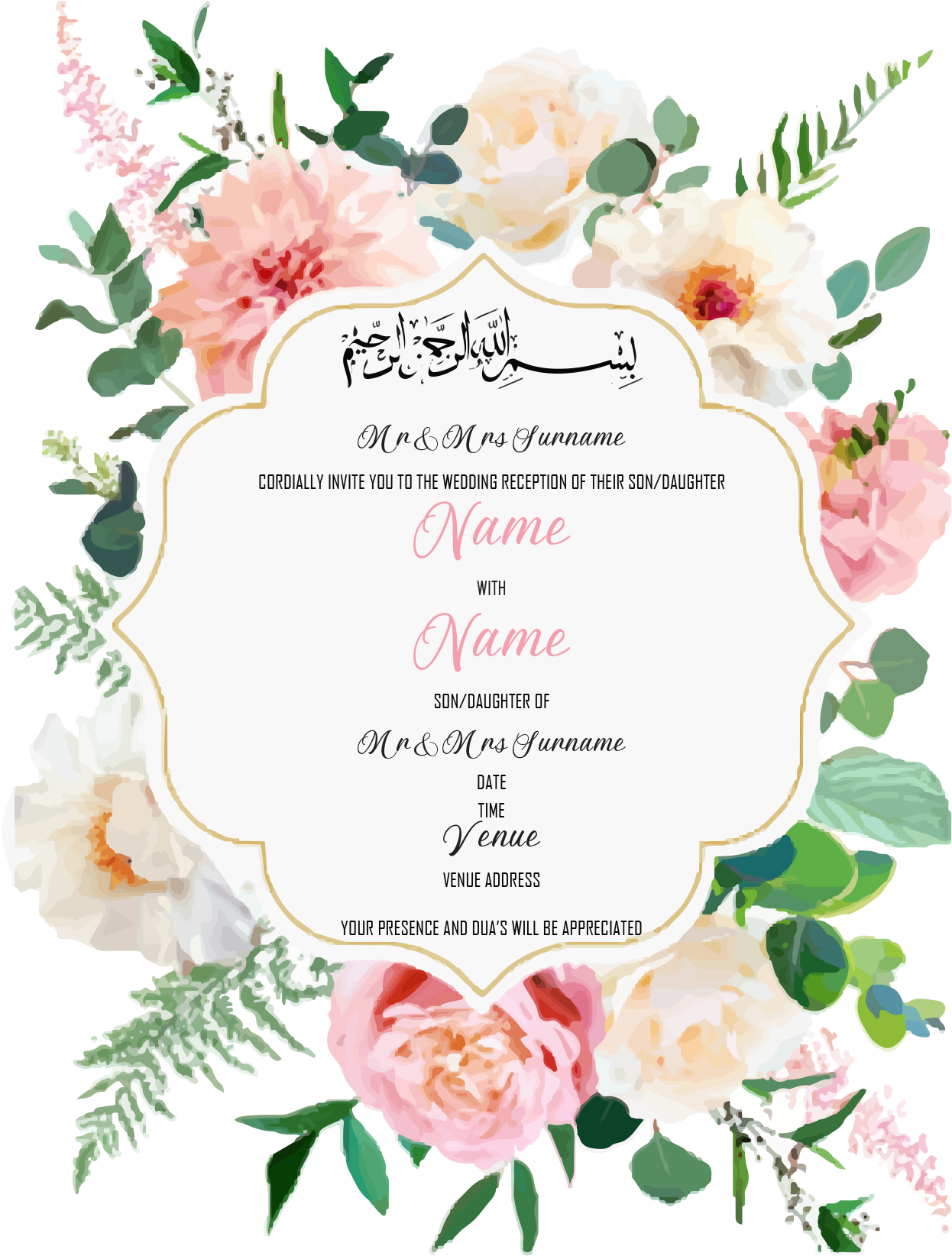 Wedding Invitation Cards - Subtle pink and white roses and dahlias, with white poppies