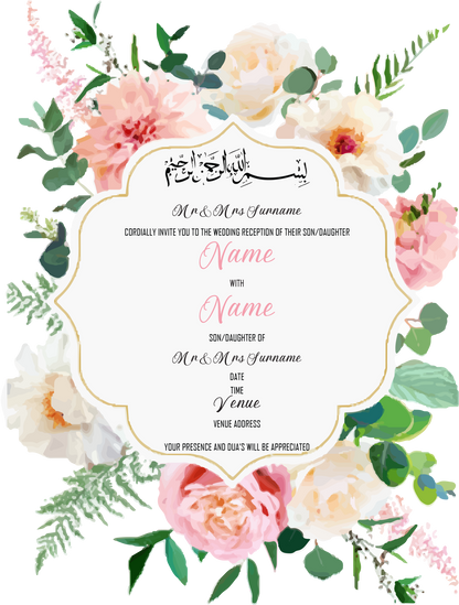 Wedding Invitation Cards - Subtle pink and white roses and dahlias, with white poppies