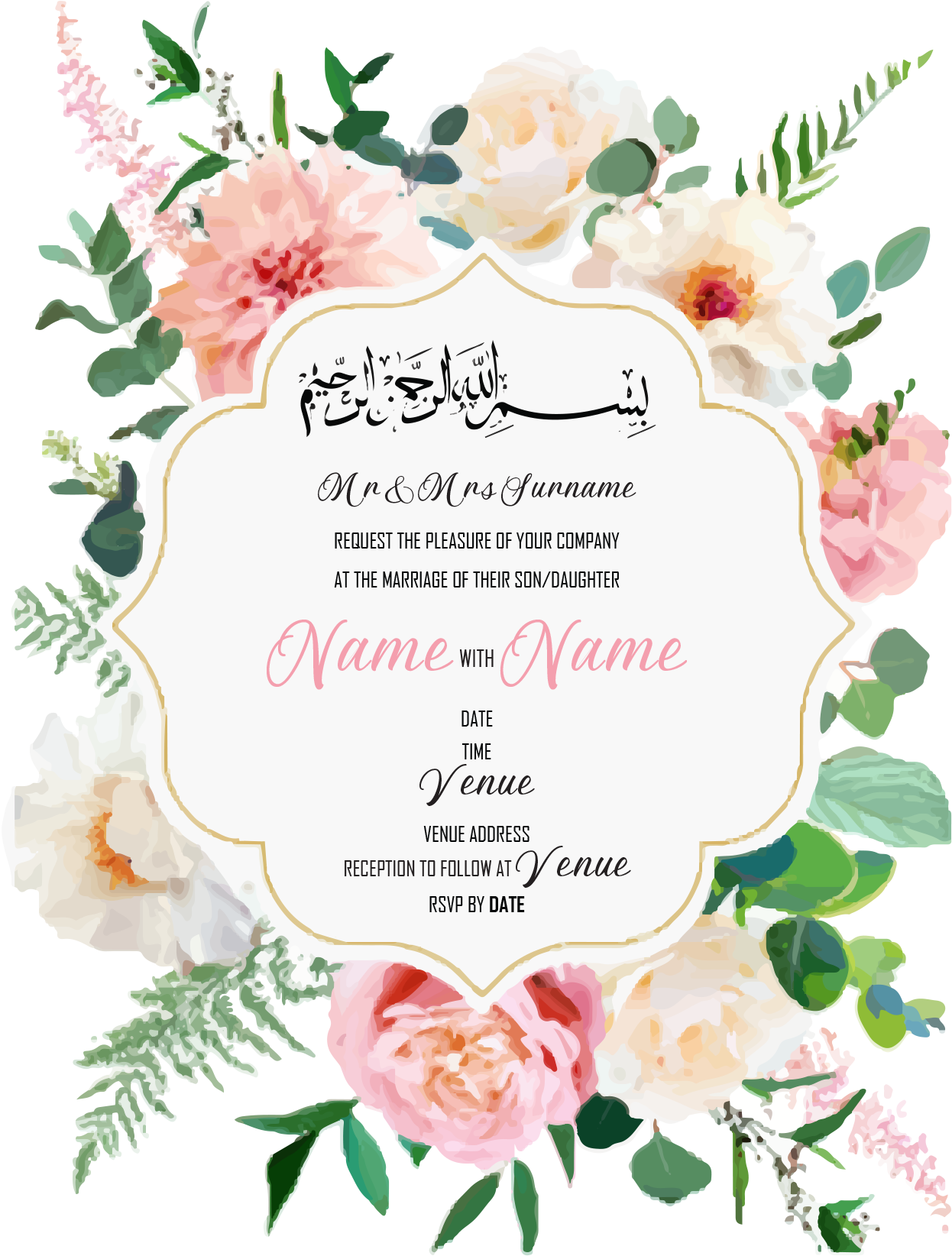 Wedding Invitation Cards - Subtle pink and white roses and dahlias, with white poppies