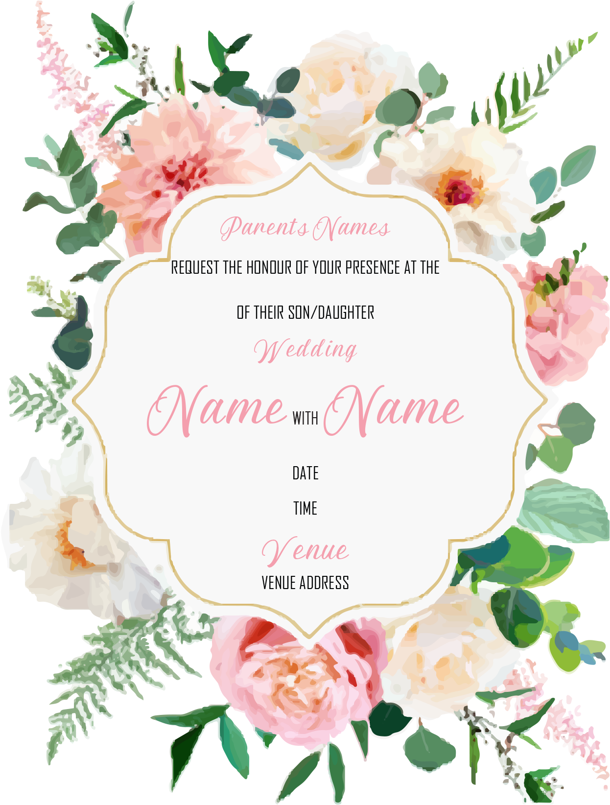 Wedding Invitation Cards - Subtle pink and white roses and dahlias, with white poppies