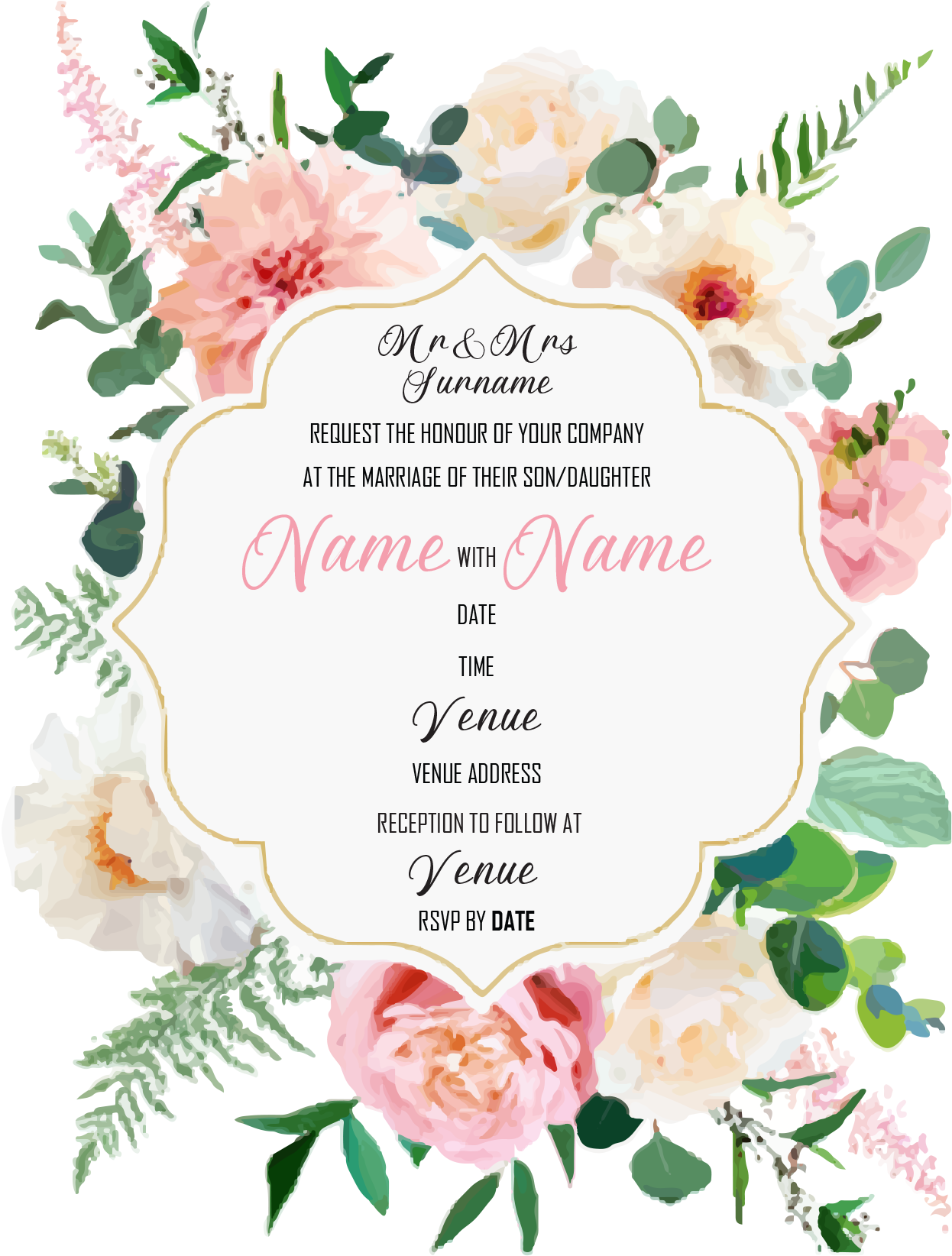 Wedding Invitation Cards - Subtle pink and white roses and dahlias, with white poppies