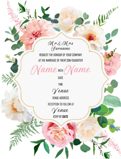 Wedding Invitation Cards - Subtle pink and white roses and dahlias, with white poppies