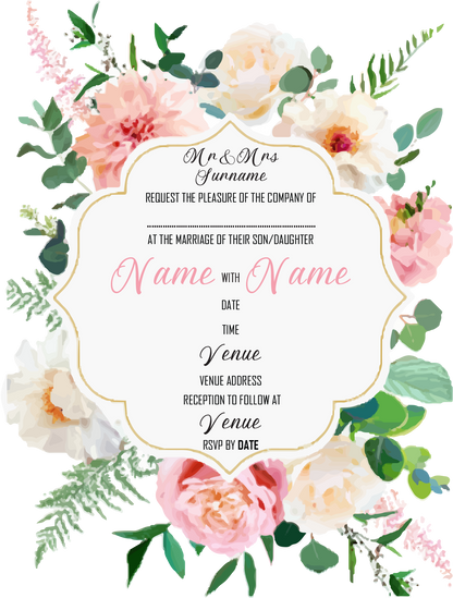 Wedding Invitation Cards - Subtle pink and white roses and dahlias, with white poppies