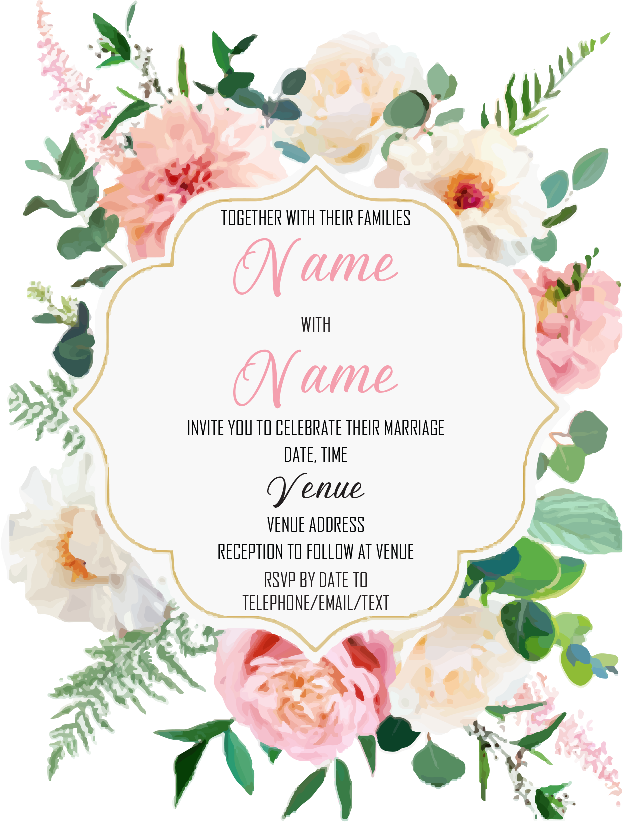 Wedding Invitation Cards - Subtle pink and white roses and dahlias, with white poppies