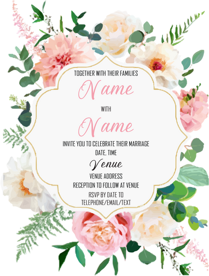 Wedding Invitation Cards - Subtle pink and white roses and dahlias, with white poppies