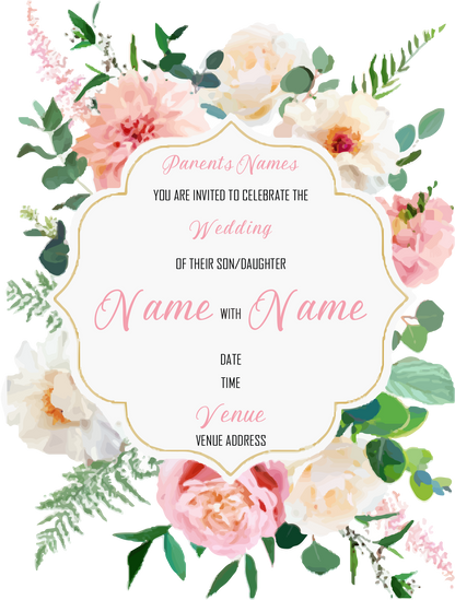 Wedding Invitation Cards - Subtle pink and white roses and dahlias, with white poppies