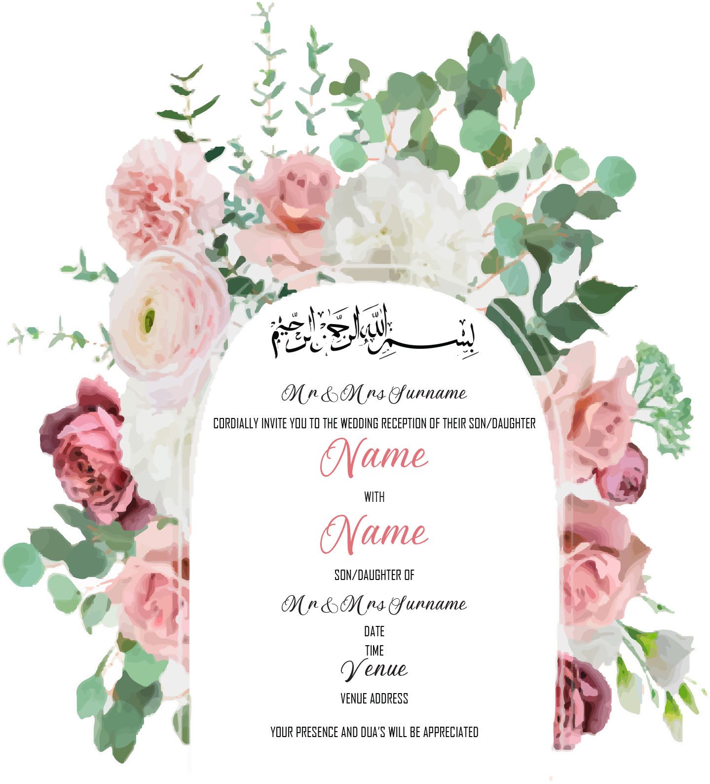 Wedding Invitation Cards - Deep pink roses, pale pink carnations and white peony's with eucalyptus