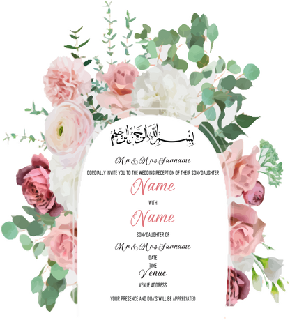 Wedding Invitation Cards - Deep pink roses, pale pink carnations and white peony's with eucalyptus