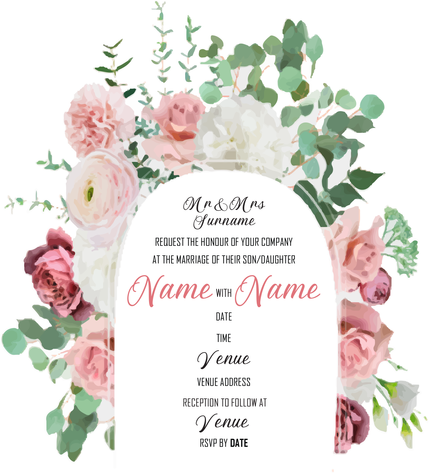 Wedding Invitation Cards - Deep pink roses, pale pink carnations and white peony's with eucalyptus