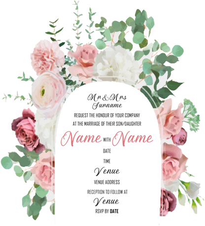 Wedding Invitation Cards - Deep pink roses, pale pink carnations and white peony's with eucalyptus