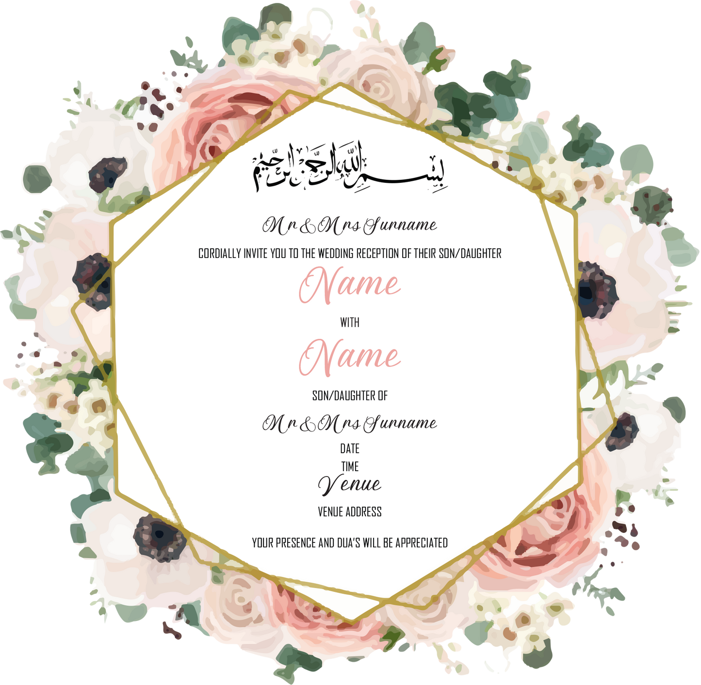 Wedding Invitation Cards - Stunning pale pink roses and off white poppies, with eucalyptus stems