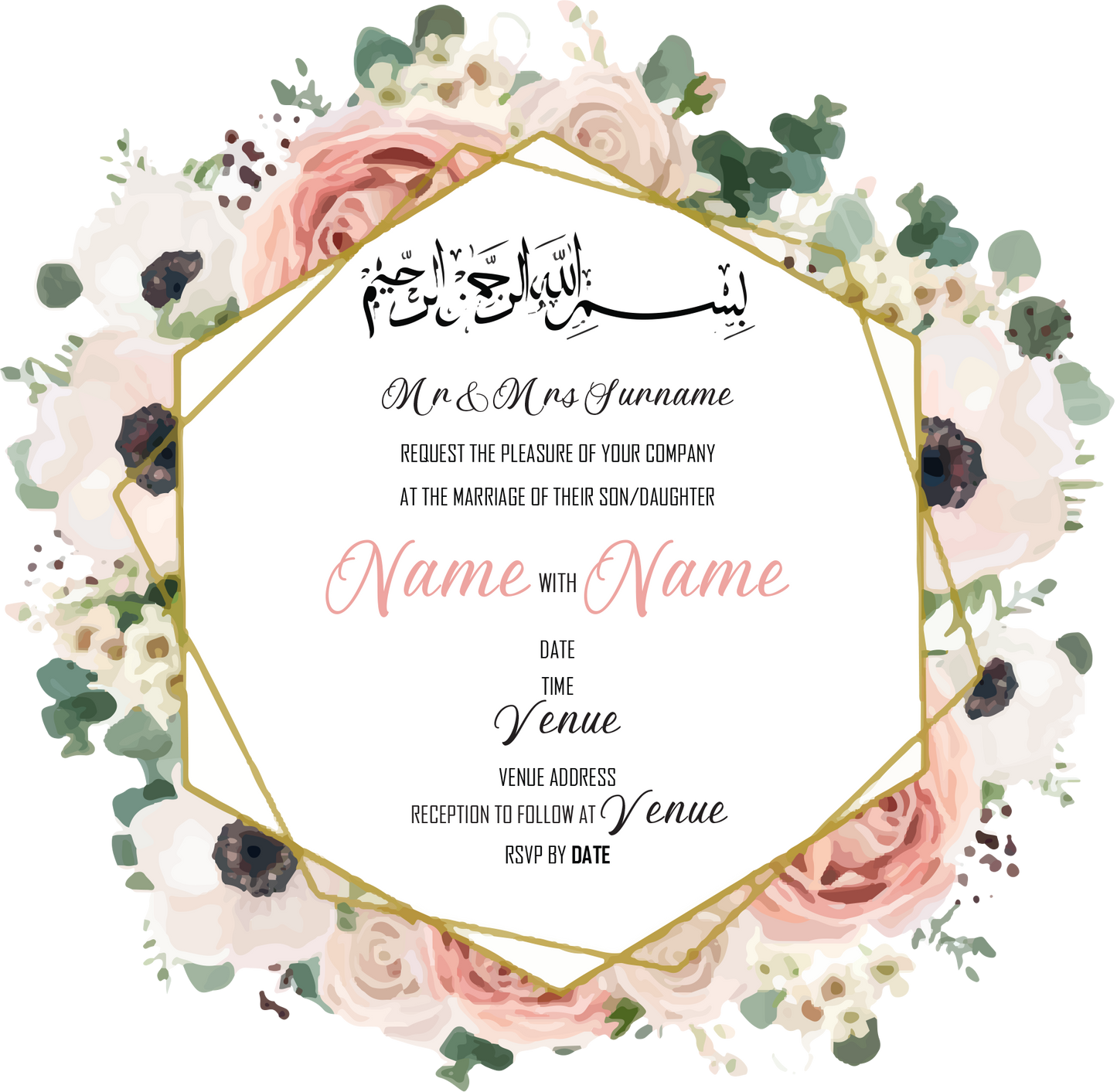 Wedding Invitation Cards - Stunning pale pink roses and off white poppies, with eucalyptus stems