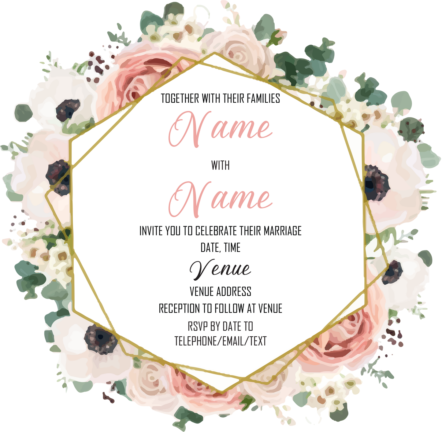 Wedding Invitation Cards - Stunning pale pink roses and off white poppies, with eucalyptus stems