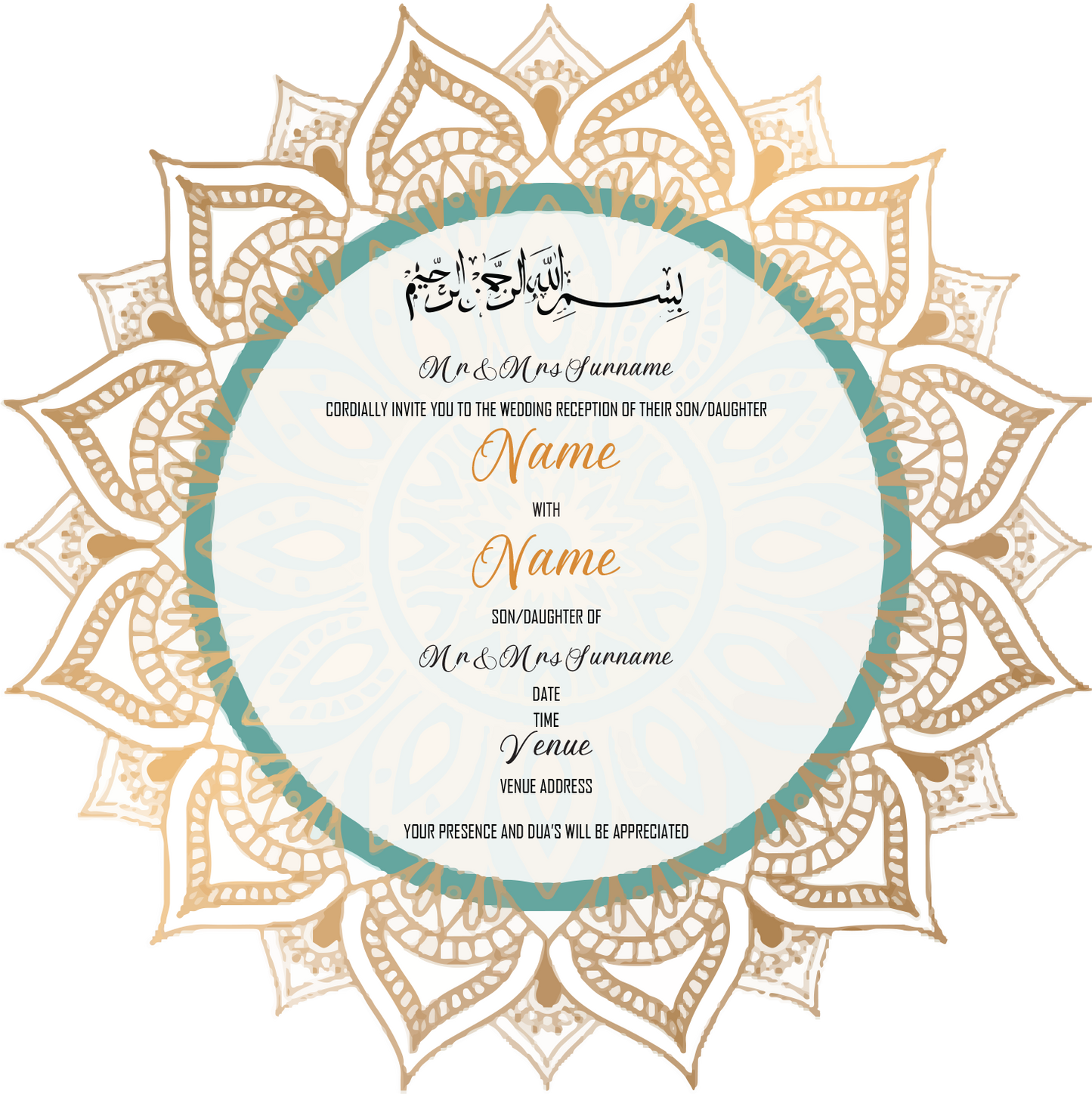 Wedding Invitation Cards - Gold mandala with green circle accent