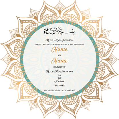 Wedding Invitation Cards - Gold mandala with green circle accent