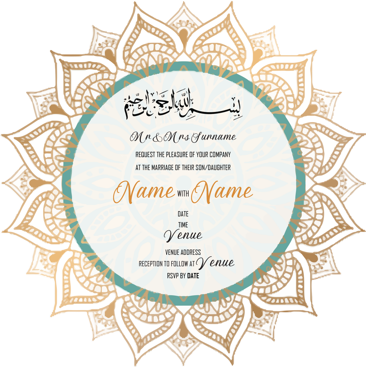 Wedding Invitation Cards - Gold mandala with green circle accent