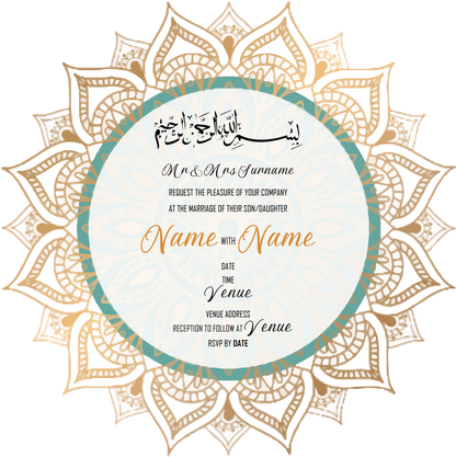 Wedding Invitation Cards - Gold mandala with green circle accent