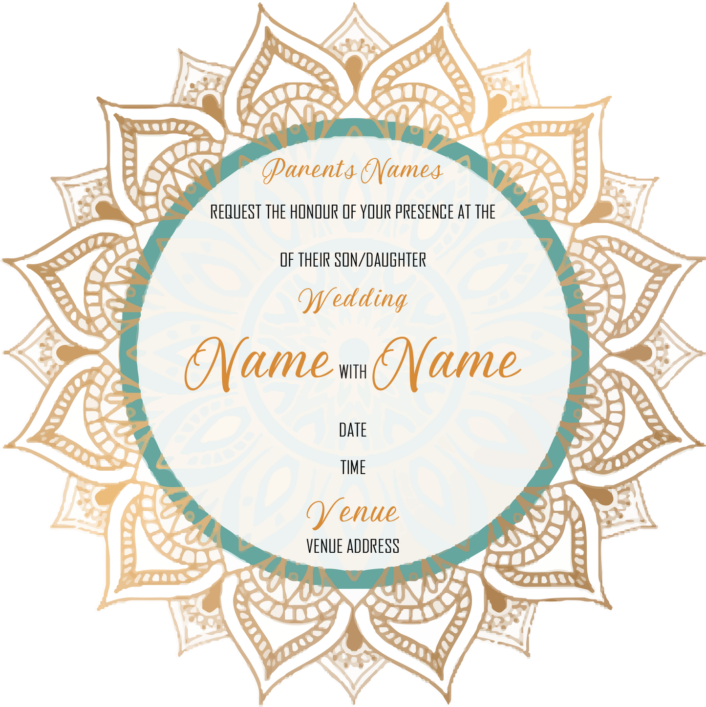 Wedding Invitation Cards - Gold mandala with green circle accent