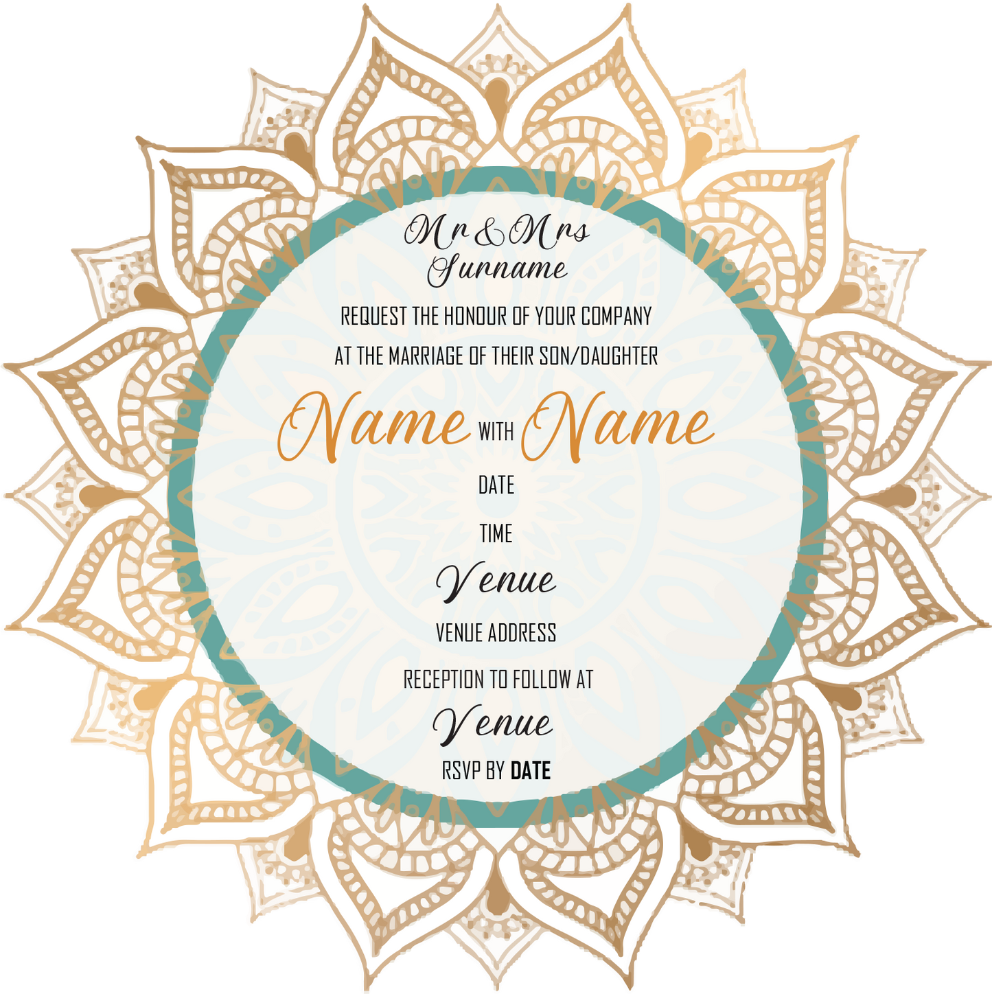 Wedding Invitation Cards - Gold mandala with green circle accent