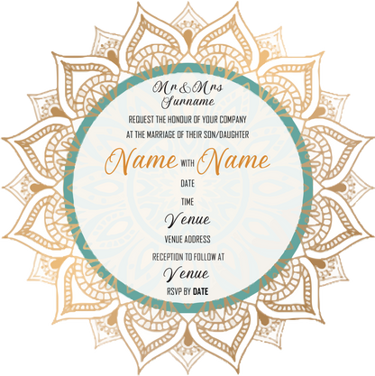 Wedding Invitation Cards - Gold mandala with green circle accent