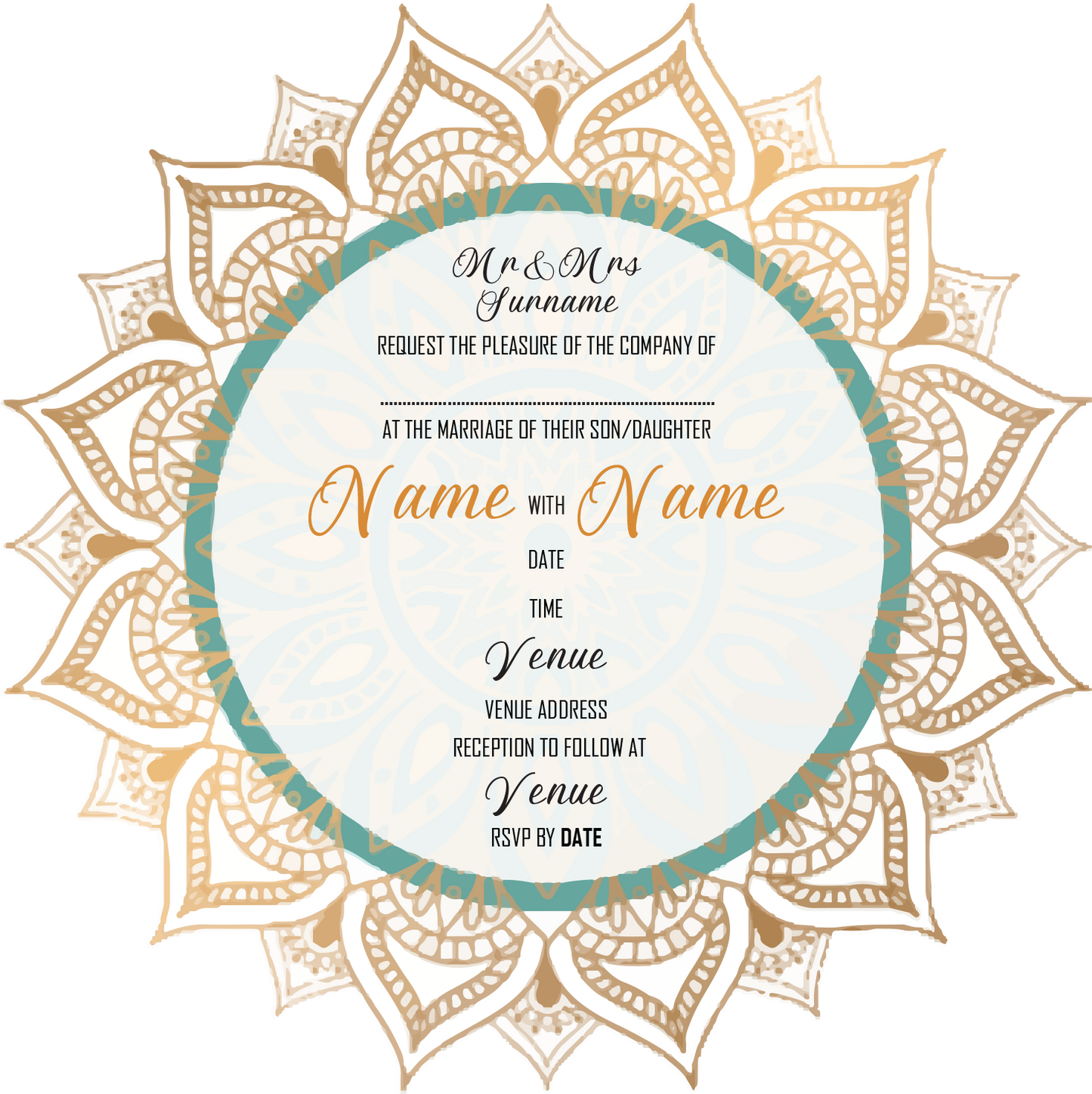 Wedding Invitation Cards - Gold mandala with green circle accent