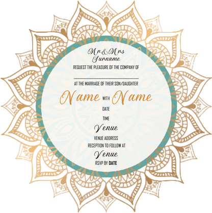 Wedding Invitation Cards - Gold mandala with green circle accent