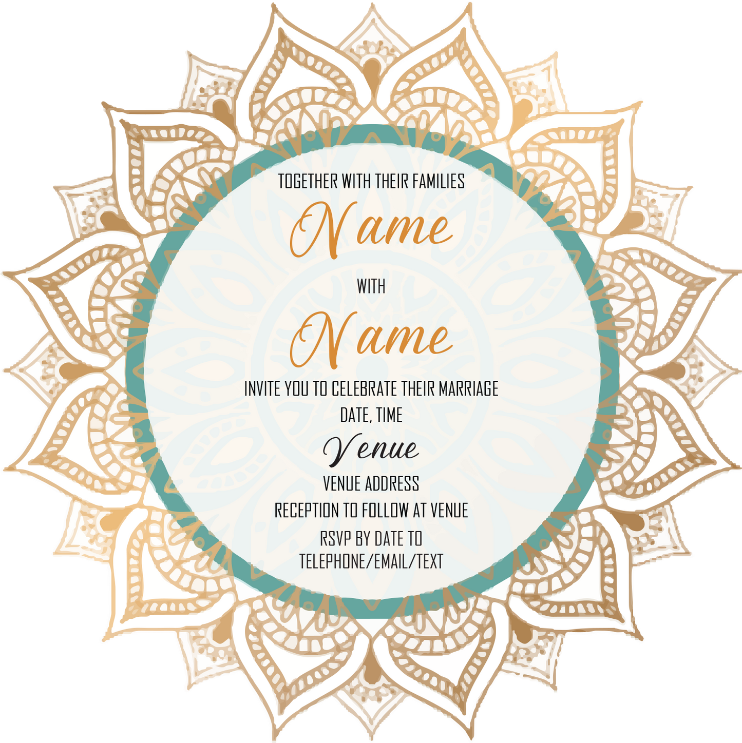 Wedding Invitation Cards - Gold mandala with green circle accent