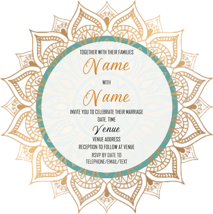 Wedding Invitation Cards - Gold mandala with green circle accent