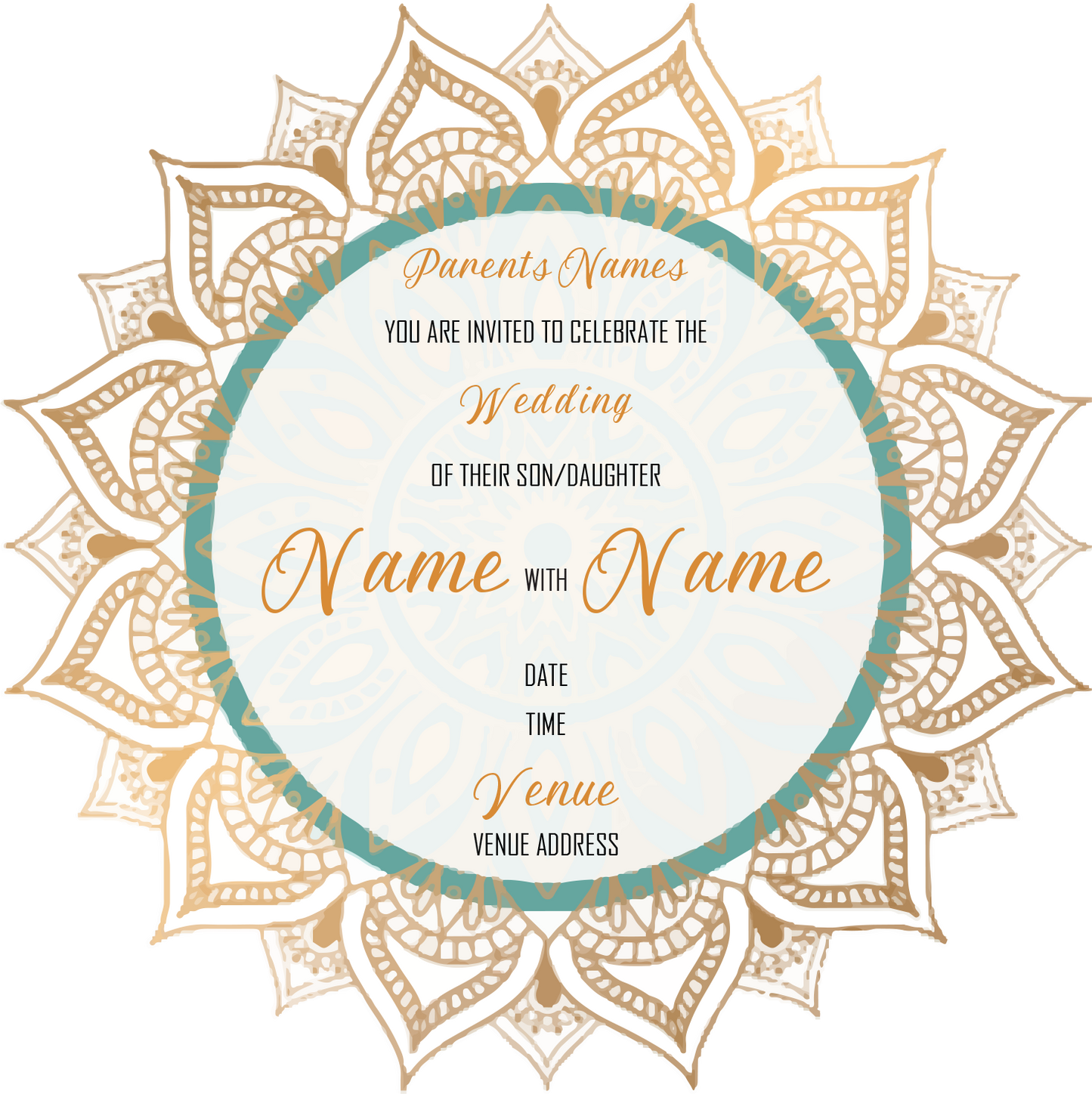 Wedding Invitation Cards - Gold mandala with green circle accent