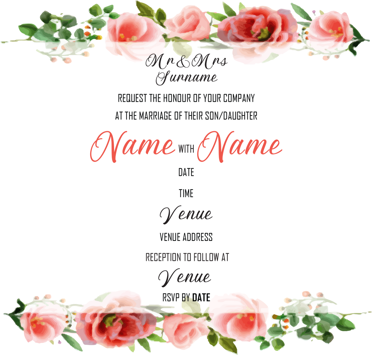 Wedding Invitation Cards - Coral roses and camellias