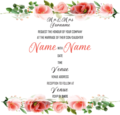 Wedding Invitation Cards - Coral roses and camellias