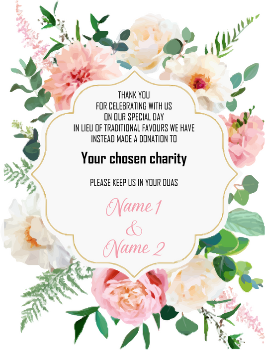 Wedding Donation Card - Pink and white roses and dahlias, with white poppies