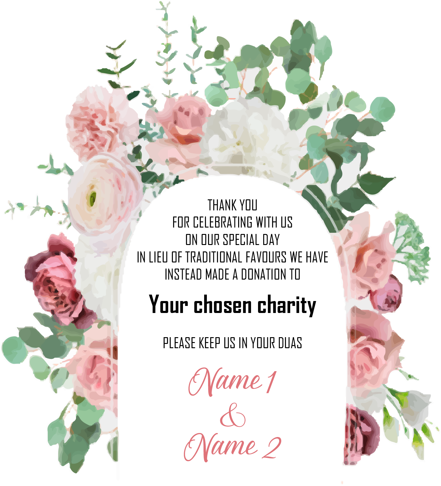 Wedding Donation Card - Deep pink roses, pale pink carnations with white peony's