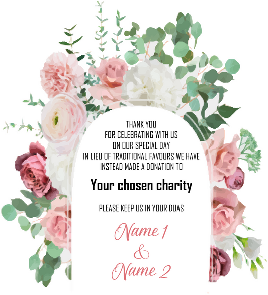 Wedding Donation Card - Deep pink roses, pale pink carnations with white peony's