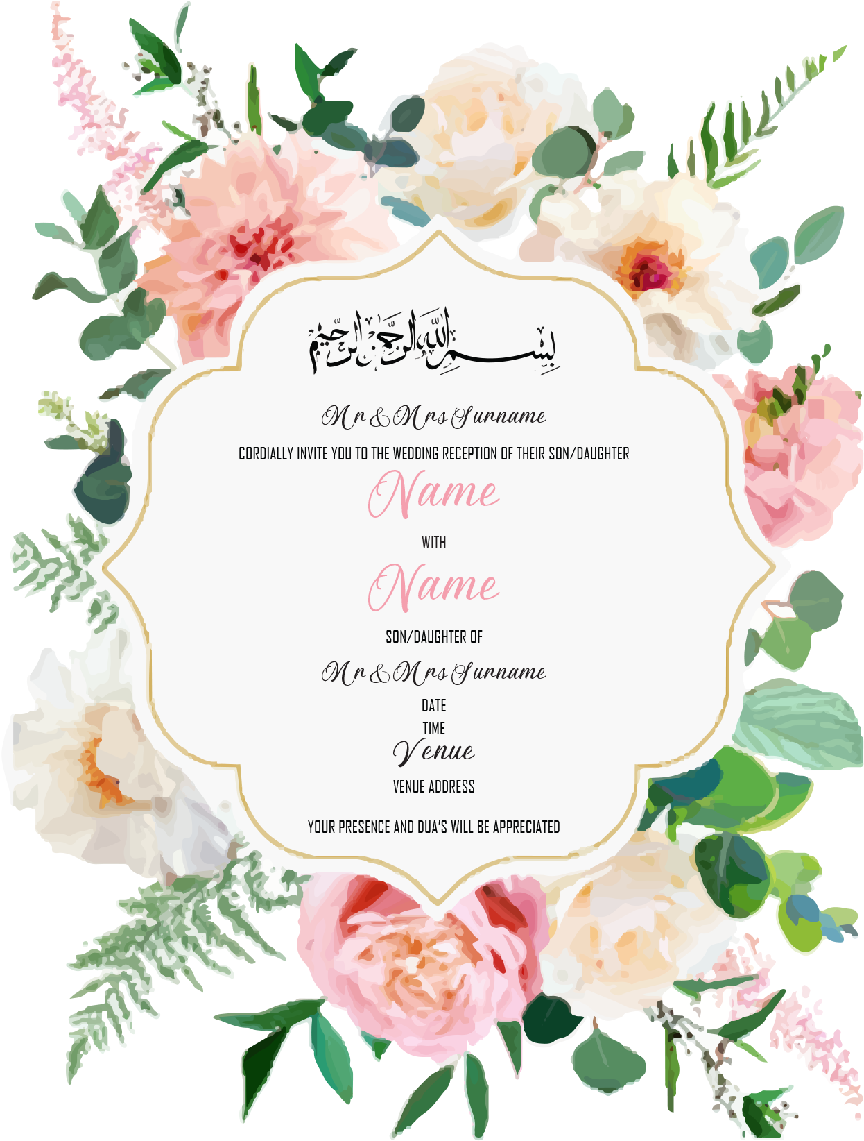 Wedding Invitation Cards - Subtle pink and white roses and dahlias, with white poppies