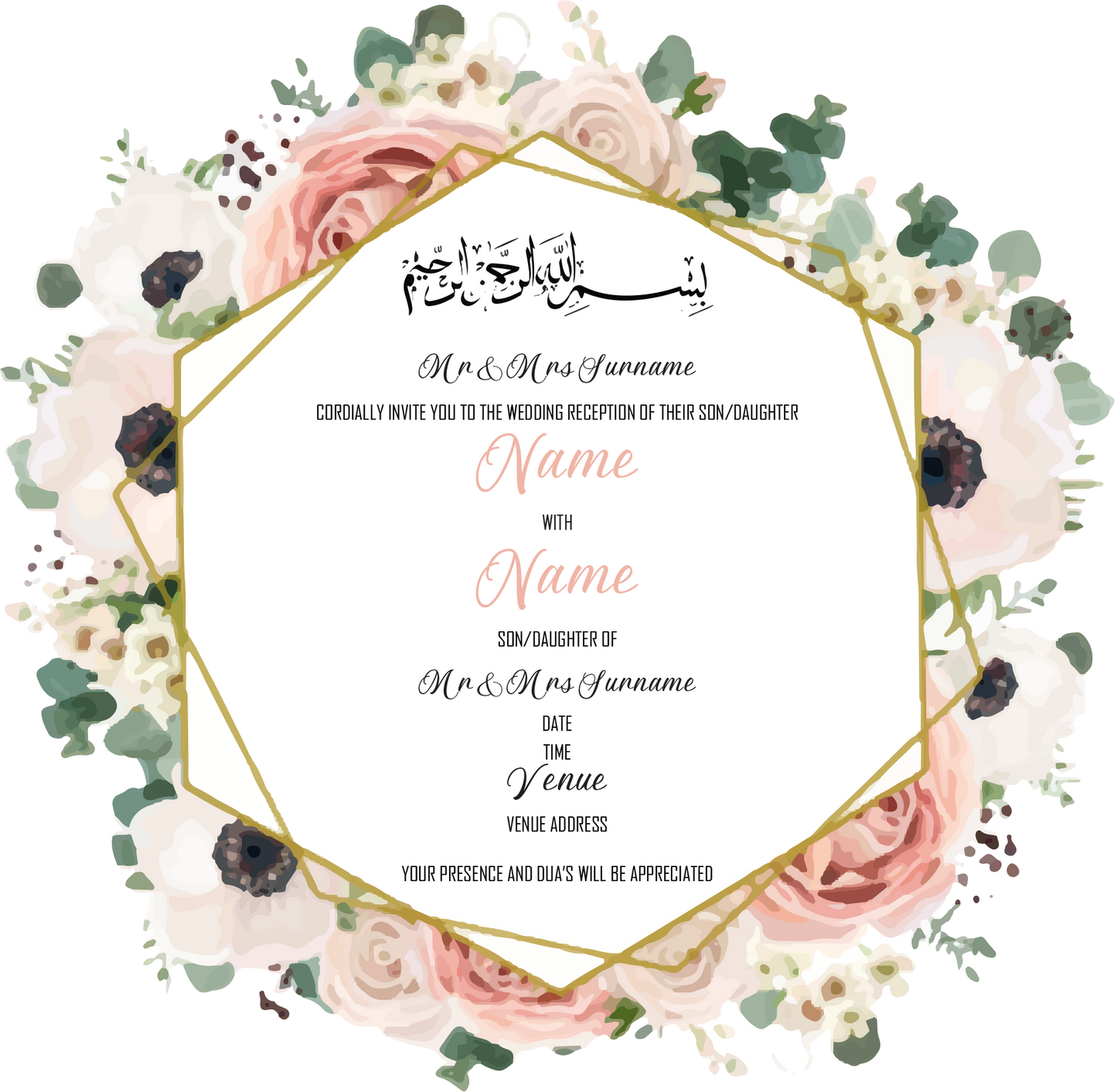 Wedding Invitation Cards - Stunning pale pink roses and off white poppies, with eucalyptus stems