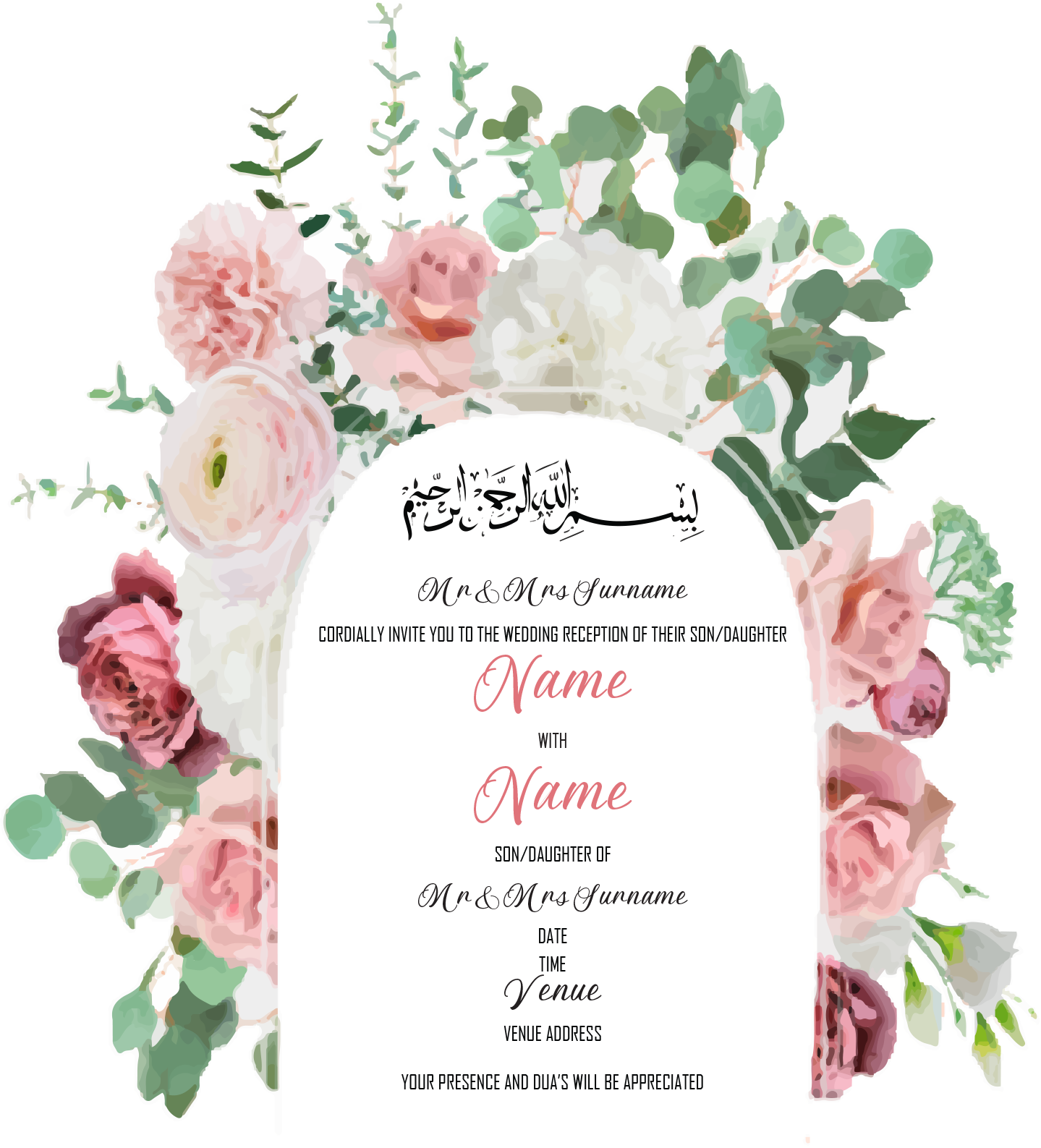 Wedding Invitation Cards - Deep pink roses, pale pink carnations and white peony's with eucalyptus