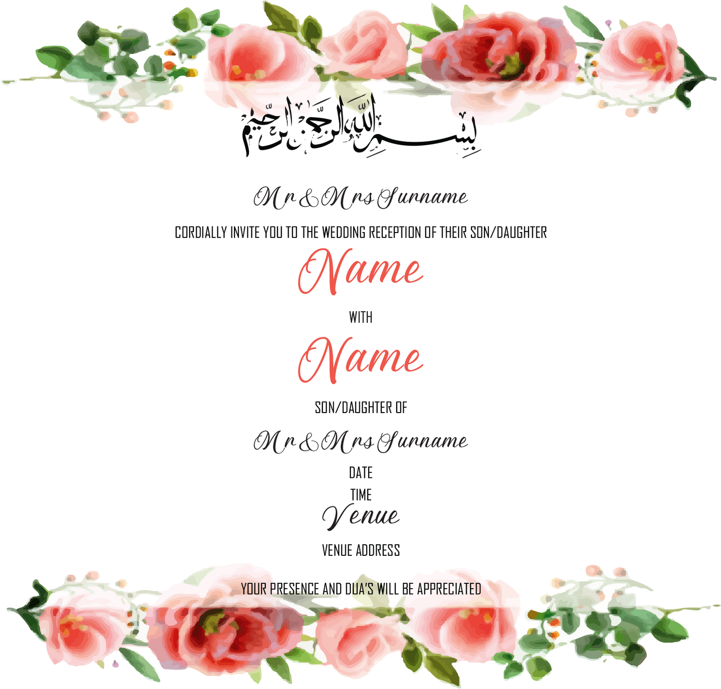 Wedding Invitation Cards - Coral roses and camellias