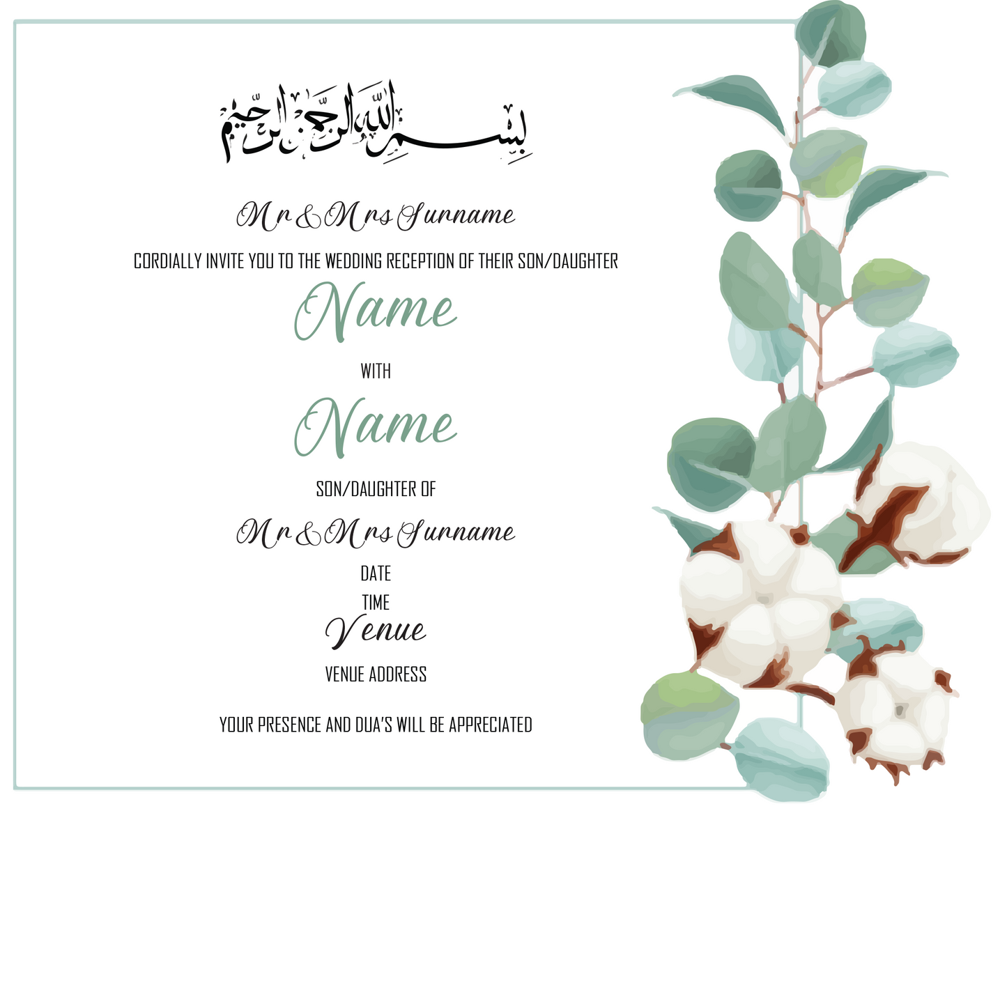 Wedding Invitation Cards - Beautiful eucalyptus leaves with cotton flower stems