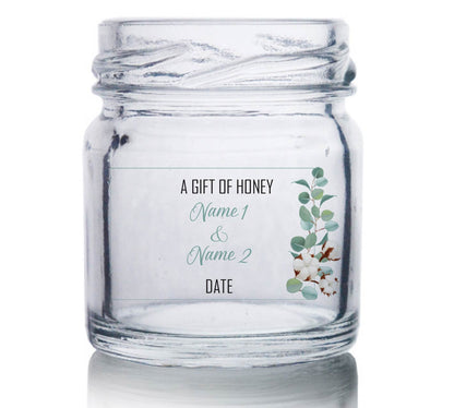 Miniature Raw, Organic Honey Jars - Beautiful eucalyptus leaves with cotton flower stems