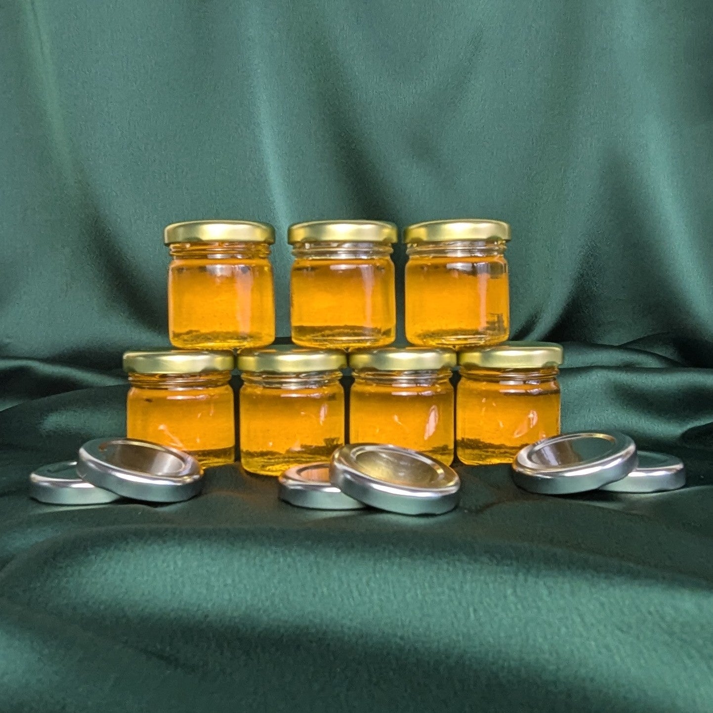 Miniature Raw, Organic Honey Jars - Pale pink roses and off white poppies, with eucalyptus stems