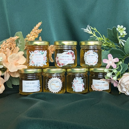 Miniature Raw, Organic Honey Jars - Deep pink roses, pale pink carnations and white peony's with eucalyptus.