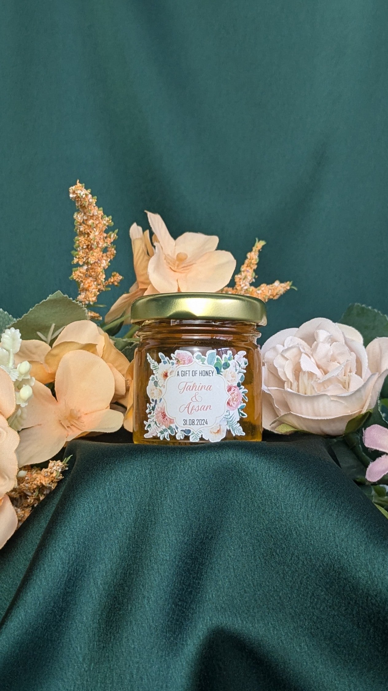 Miniature Raw, Organic Honey Jars - Pink and white roses and dahlias