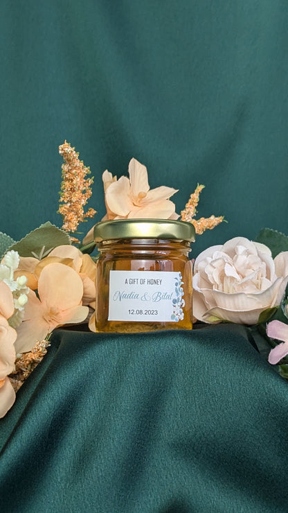 Miniature Raw, Organic Honey Jars - Beautiful eucalyptus leaves with cotton flower stems