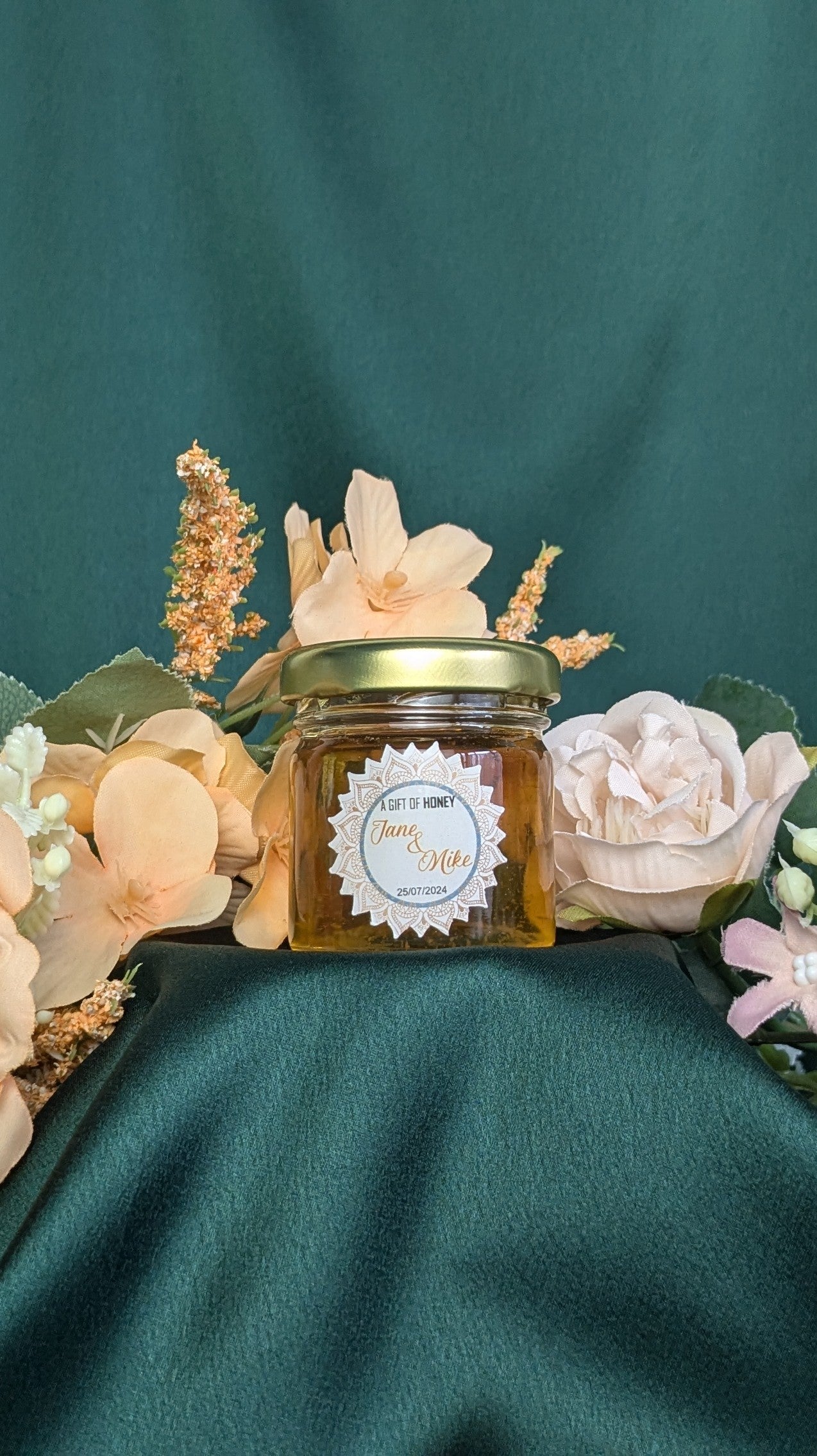 Miniature Raw, Organic Honey Jars - Gold mandala with green circle accent