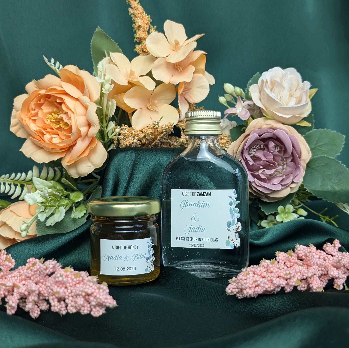 Miniature Raw, Organic Honey Jars - Beautiful eucalyptus leaves with cotton flower stems