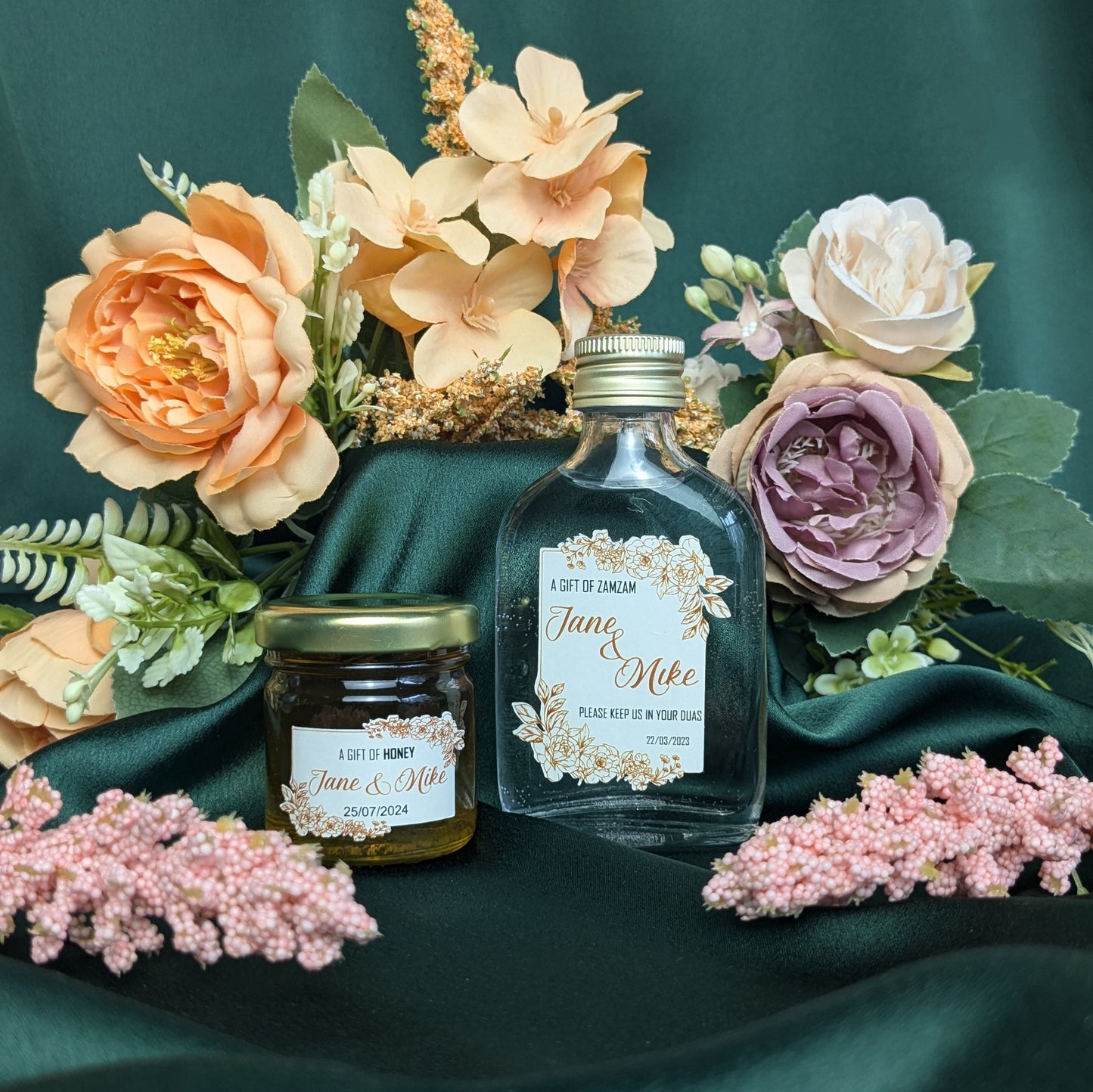 Miniature Raw, Organic Honey Jars - Gold roses