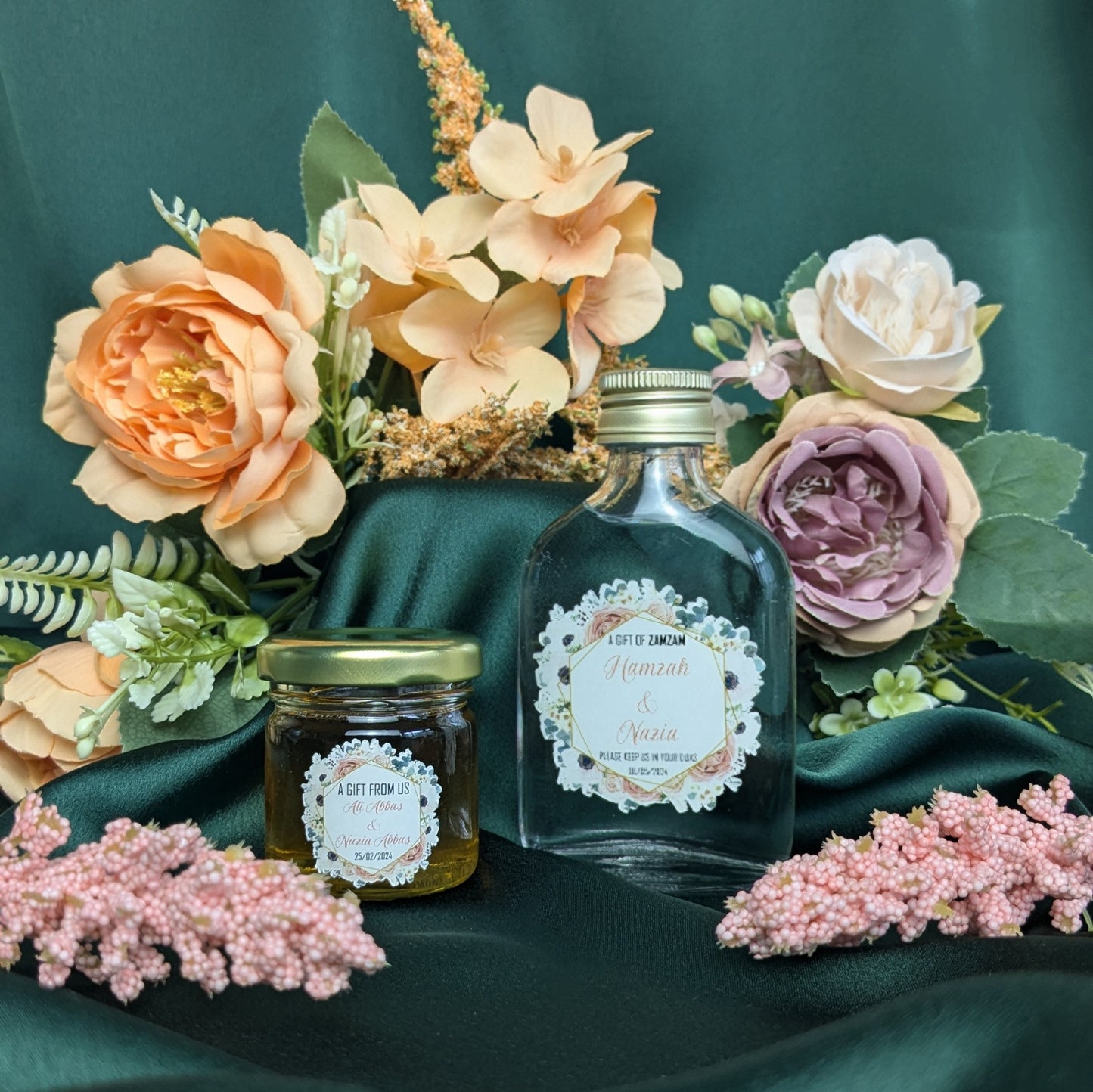 Miniature Raw, Organic Honey Jars - Pale pink roses and off white poppies, with eucalyptus stems