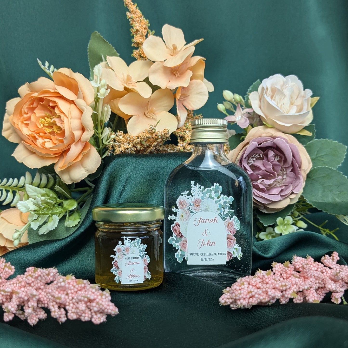 Miniature Raw, Organic Honey Jars - Deep pink roses, pale pink carnations and white peony's with eucalyptus.