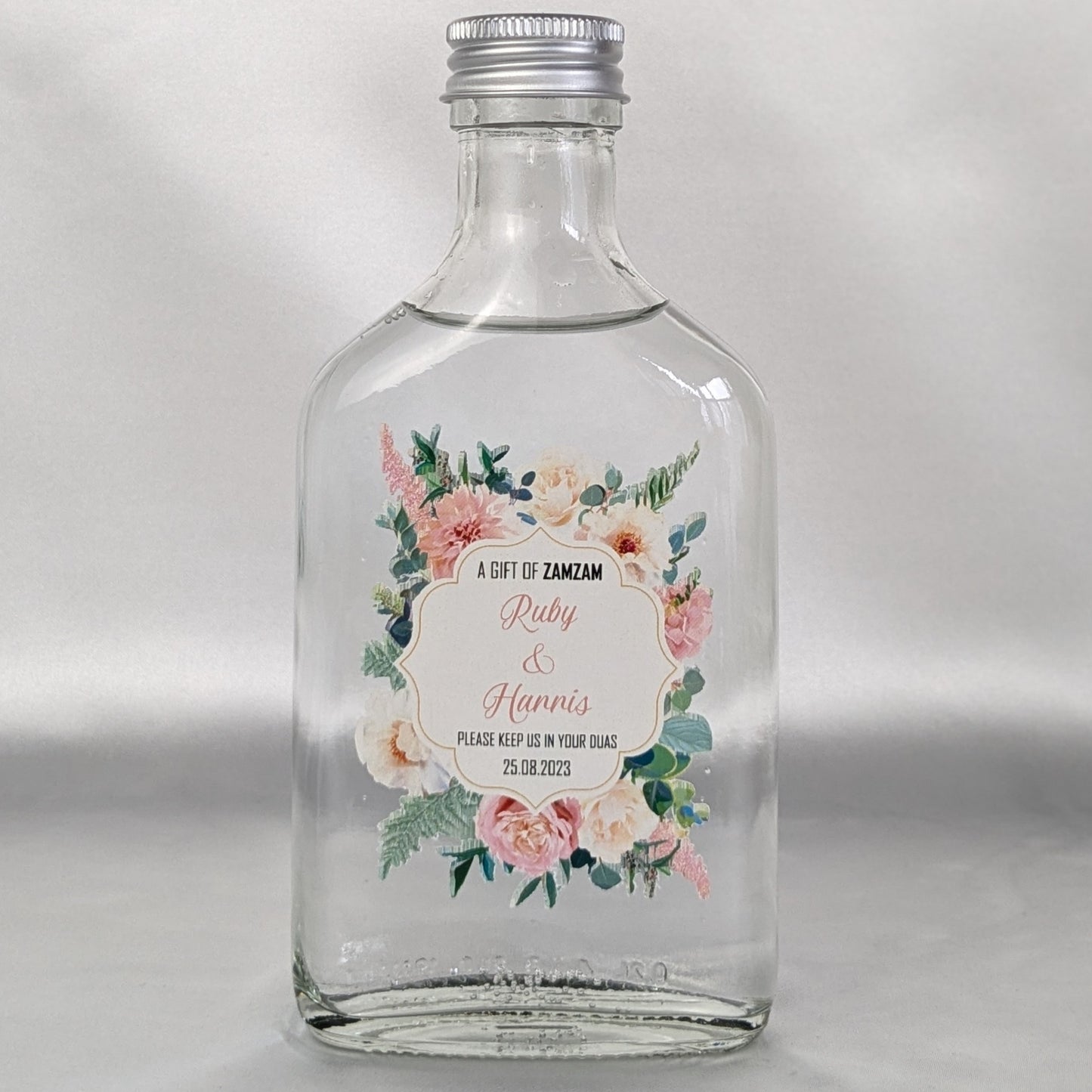 Zamzam filled bottles - Pink and white roses and dahlias